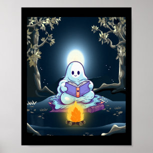 Póster Vintage Ghost Book Leyendo Camping Forest Hallowee