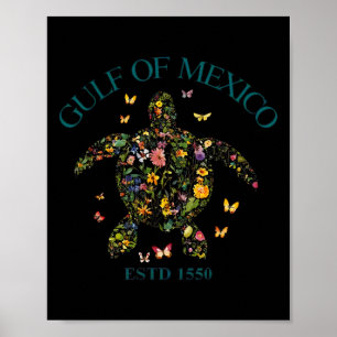 Póster Vintage Golfo De México Est 1550 Tortuga Floral