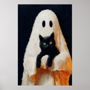 Póster Vintage Gótico de Fantasma y Gato Negro