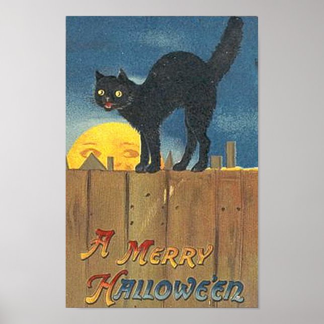 Póster Vintage Halloween Cat on Fence (Frente)