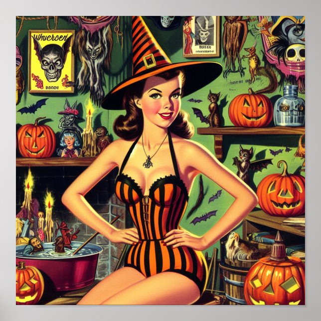 Póster Vintage Halloween Cute Witch Pinup (Frente)