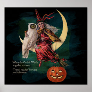 Póster Vintage Halloween Owl and Witch Poster