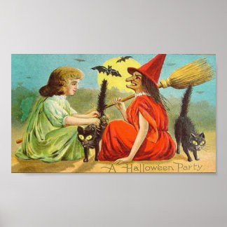 Póster Vintage Halloween Party con brujas y gatos