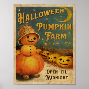 Póster Vintage Halloween Pumpkin Farm Poster Print