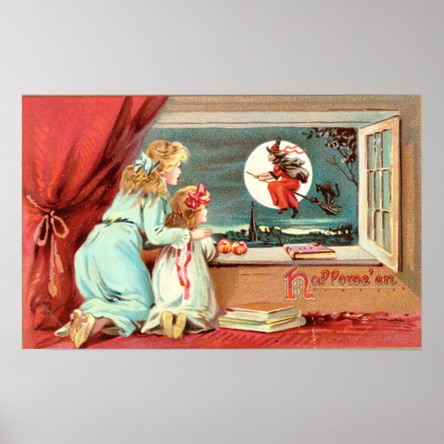 Póster Vintage Halloween Witch con Broomstick (Frente)