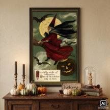 Vintage Halloween Witch Riding Broomstick con gato