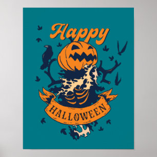 Póster Vintage Happy Halloween Gráfico Jack O Lantern