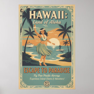 Póster Vintage hawaiano tierra de alohá escape al paraíso