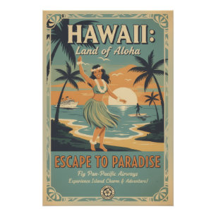 Póster Vintage hawaiano tierra de alohá escape al paraíso