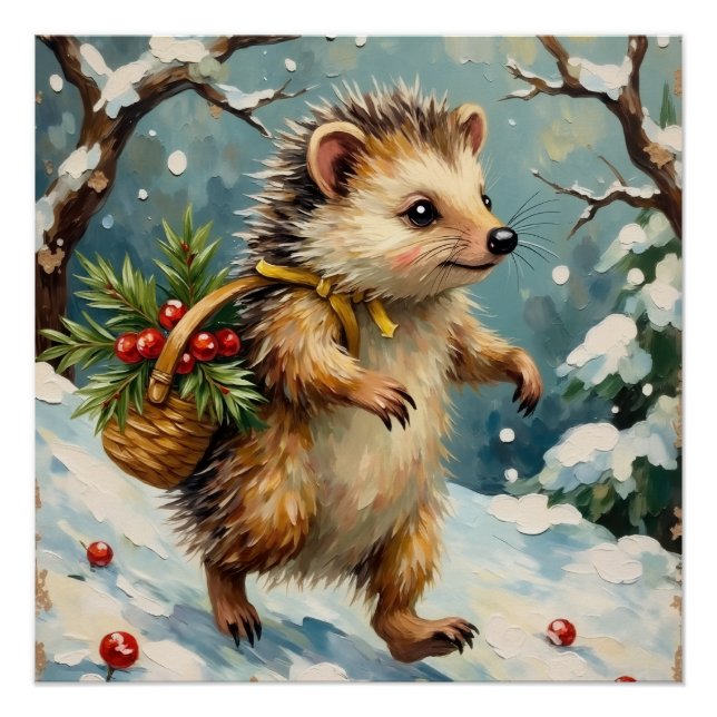 Póster Vintage Hedgehog with Christmas Berry Basket (Anverso)