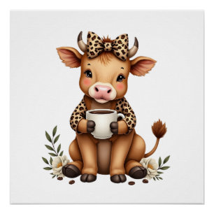 Póster Vintage Highland Cow Amante del Café Acuarela Boni
