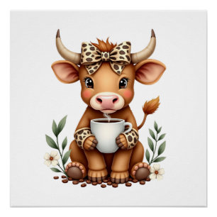 Póster Vintage Highland Cow Amante del Café Acuarela Lind