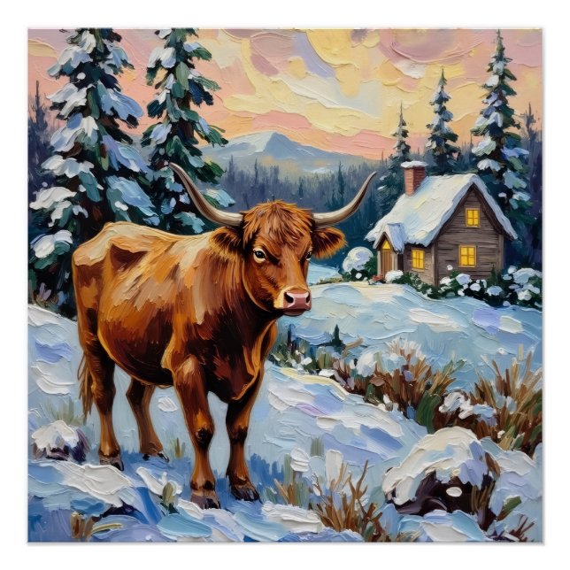 Póster Vintage Highland Cow in Snowy Christmas Meadow (Anverso)