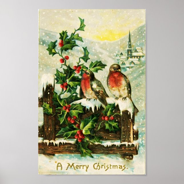 Póster Vintage Holly y los Navidades de aves (Frente)