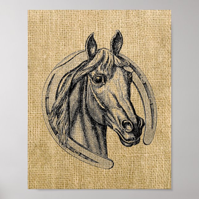 Póster Vintage Horse Cameo en Burlap (Frente)