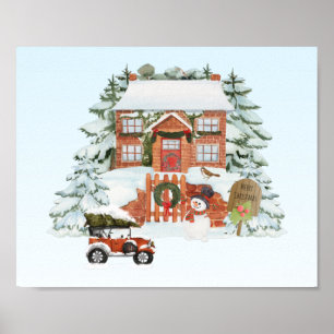 Póster Vintage House Merry Christmas Snow Winter Scene