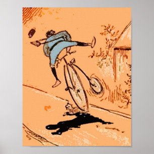 Póster Vintage Humorístico hombre en bicicleta Cae Naranj