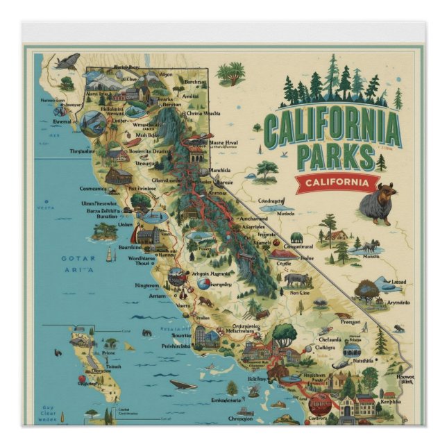 Póster Vintage Illustrated California Parks Map Art (Anverso)