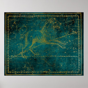 Póster Vintage Illustrated Green & Gold Lion Star Map