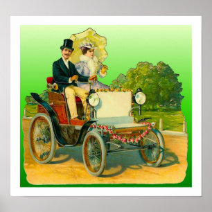 Póster Vintage Image Couple and Antique Car Poster
