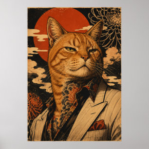 Póster vintage japonés del gato Samurái