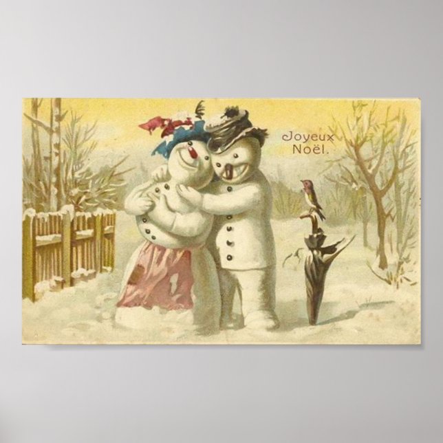 Póster Vintage Joyeux Noel Snowman & Woman Card (Frente)