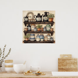 Póster Vintage Kitchen Shelf Plantas de macetas de carne