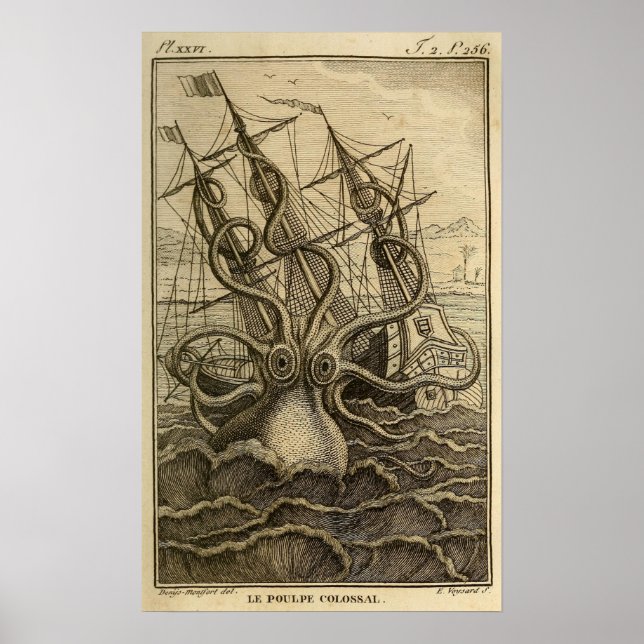 Póster Vintage Kraken Giant Squid Sea Monster Ship (Frente)