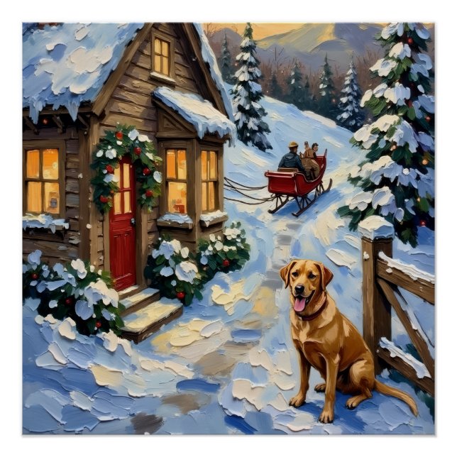 Póster Vintage Labrador Retriever Christmas Cottage (Anverso)