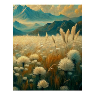 Póster Vintage Landscape Mountains Wildflowers