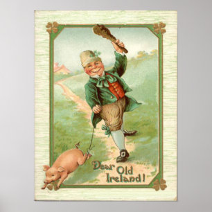 Póster Vintage Leprechaun Pig Shillelagh Día de San Patri