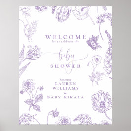 Póster Vintage Lilac Lavender Floral Script Baby Shower