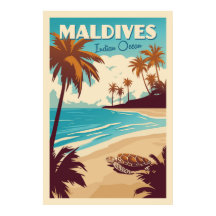 Vintage Maldives Sea Turtle Poster