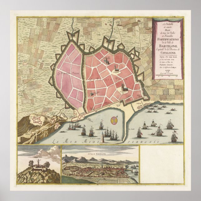 Póster Vintage Map of Barcelona Spain (1706) (Frente)