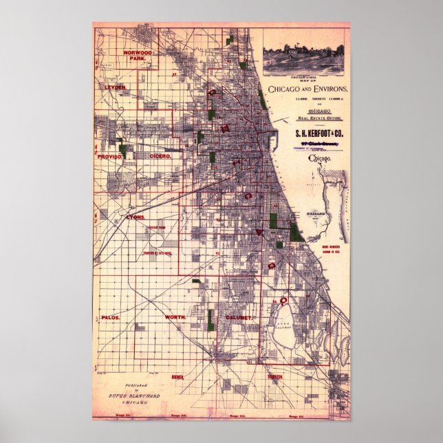 Póster Vintage Map of Chicago Poster (Frente)