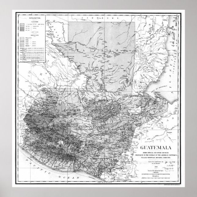 Póster Vintage Map of Guatemala (1902) BW (Frente)