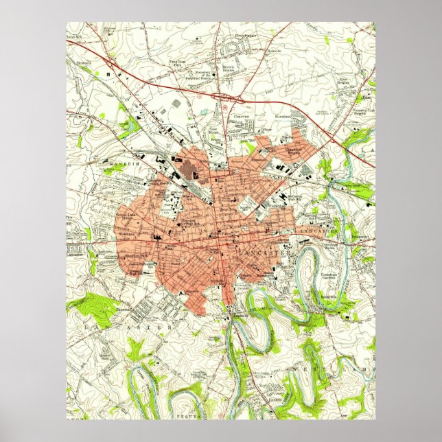 Póster Vintage Map of Lancaster Pennsylvania (1956) (Frente)