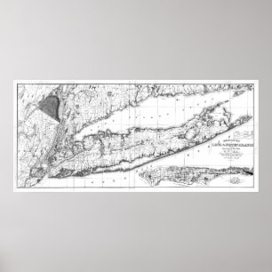Póster Vintage Map of Long Island New York (1842) BW