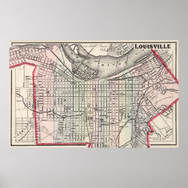 Póster Vintage Map of Louisville Kentucky (1884) (Frente)