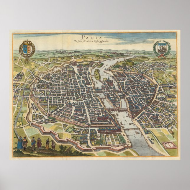 Póster Vintage Map of Paris France (1655) (Frente)