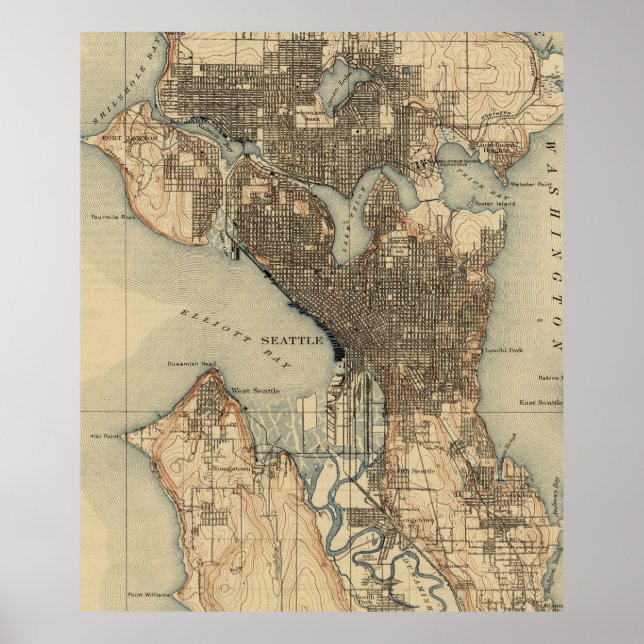 Póster Vintage Map of Seattle Washington (1908) 2 (Frente)