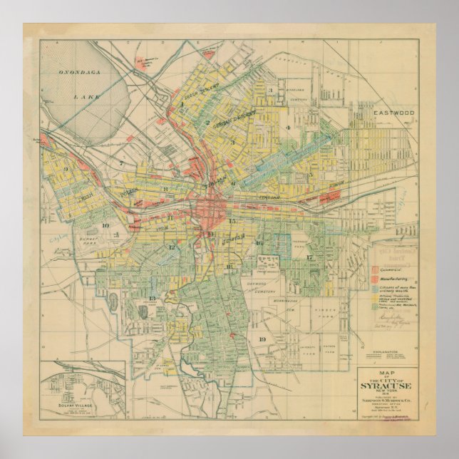Póster Vintage Map of Syracuse NY (1918) (Frente)