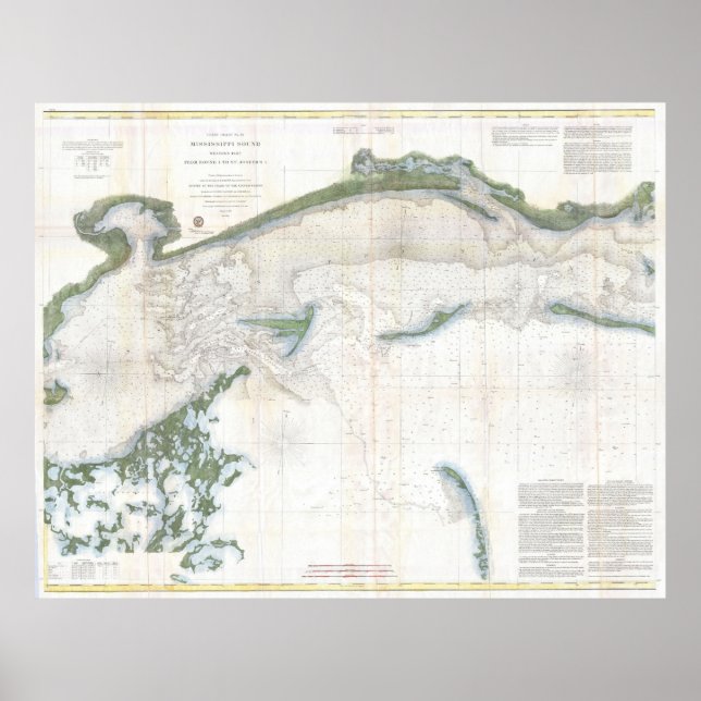 Póster Vintage Map of The Mississippi Sound (1866) (Frente)