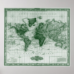 Póster Vintage Map of The World (1833) White & Green