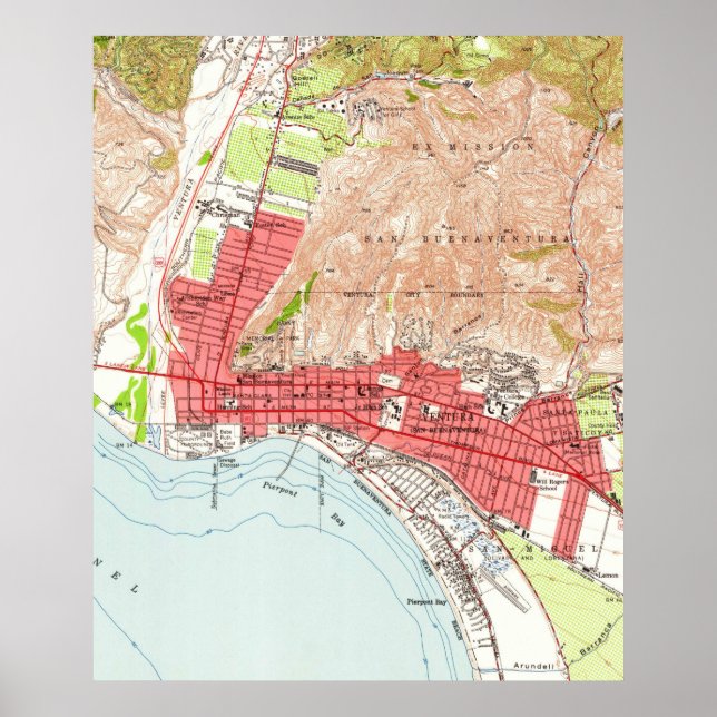 Póster Vintage Map of Ventura California (1951) (Frente)