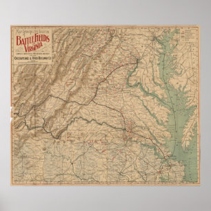 Póster Vintage Map of Virginia Battlefields (1892)