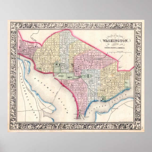 Póster Vintage Map of Washington D.C., 1864 (Frente)