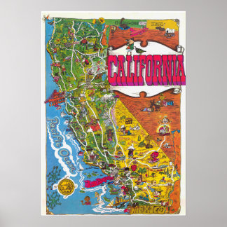 Póster vintage mapa colorido de California 1976