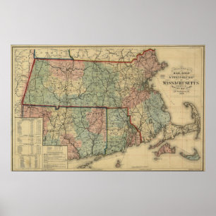 Póster Vintage mapa de Massachusetts 1879 y de Rhode