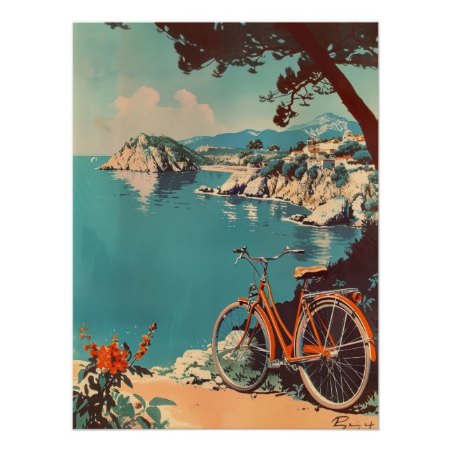 Póster Vintage Mediterranean Coast with Orange Bicycle (Anverso)